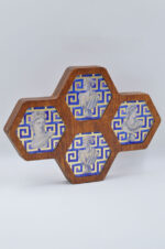 Decorative brown wooden hive with Ancient Greek women with plexiglass and gold leaf