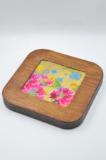 Brown wooden decorative/coaster with bougainvillea with plexiglass and gold leaf