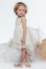 Polka dot tulle christening dress with embroidered daisies